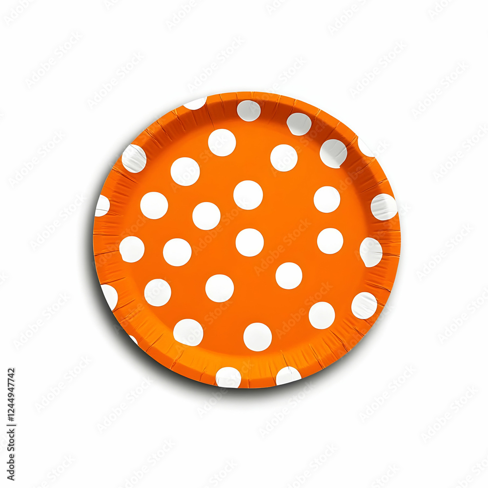 Fototapeta premium Orange Paper Plate with White Polka Dots Isolated on a White Background