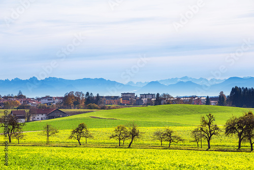 Autumn landscape - view of the surroundings of the town of Ebersberg against the backdrop of the Alps, Upper Bavaria, Bavaria, Germany