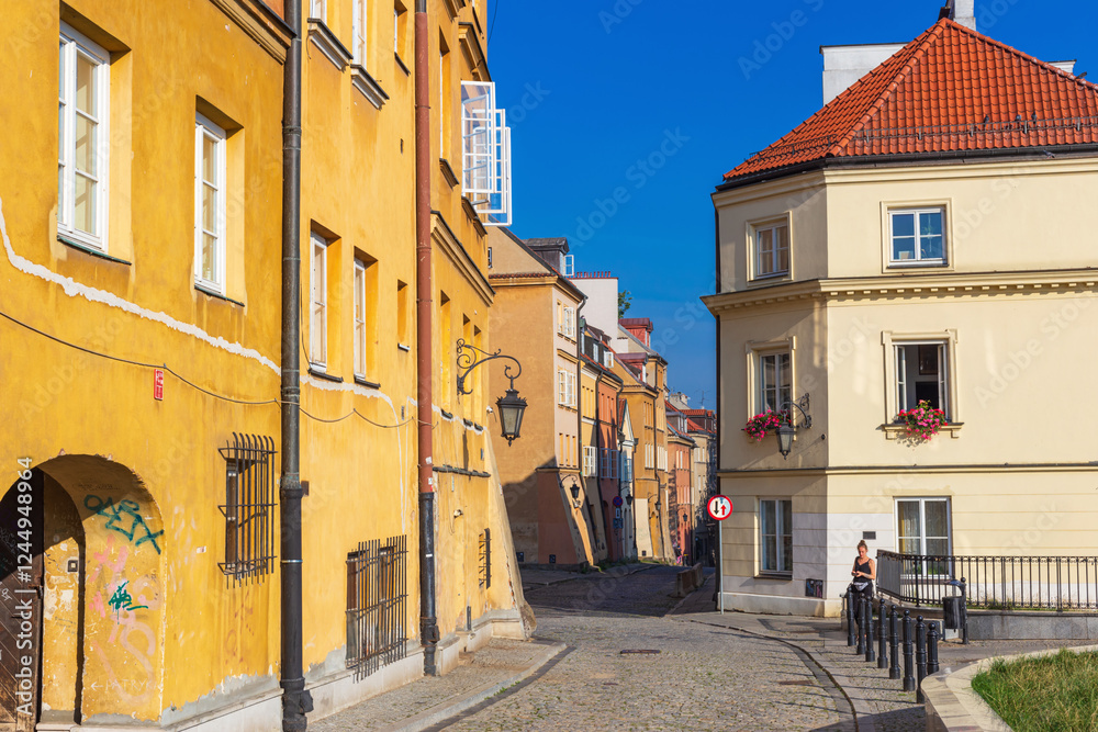Cityscape - view of narrow streets with colorful old houses in the Old Town of Warsaw, Poland