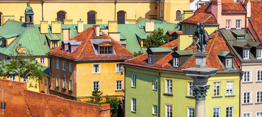 Cityscape, panorama, banner - top view of the Old Town with Sigismund's Column, the district of Srodmiescie in the center Warsaw, Poland
