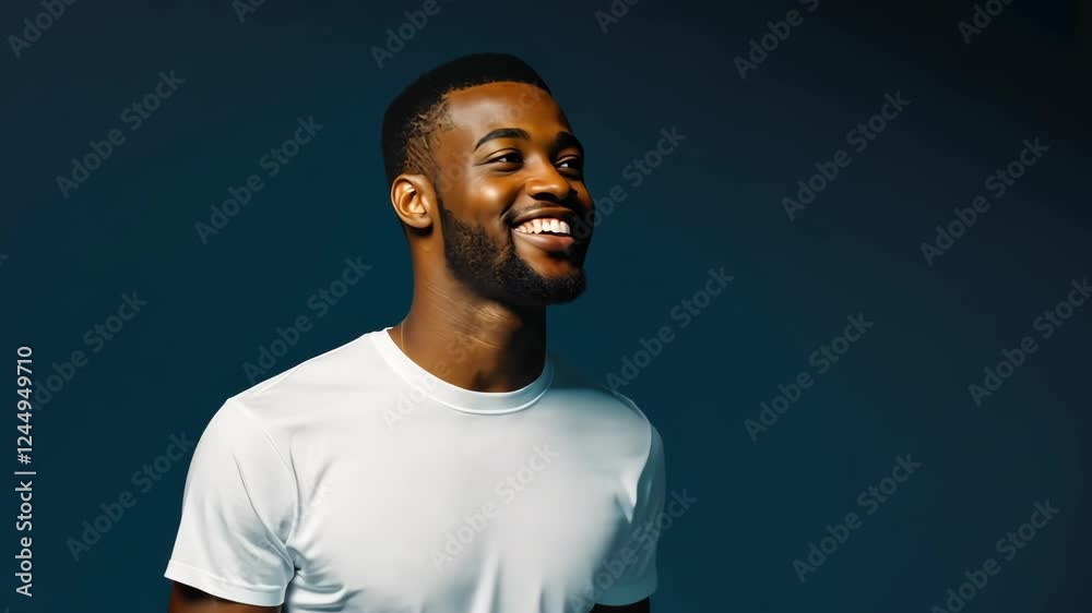 Smiling young man in white tshirt enjoying moment in studio Smiling young man in white tshirt enjoying moment in studio