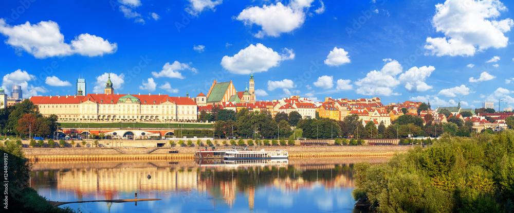 Cityscape, panorama, banner - view of the district of Srodmiescie with the Old Town in the center Warsaw from the Vistula River, Poland
