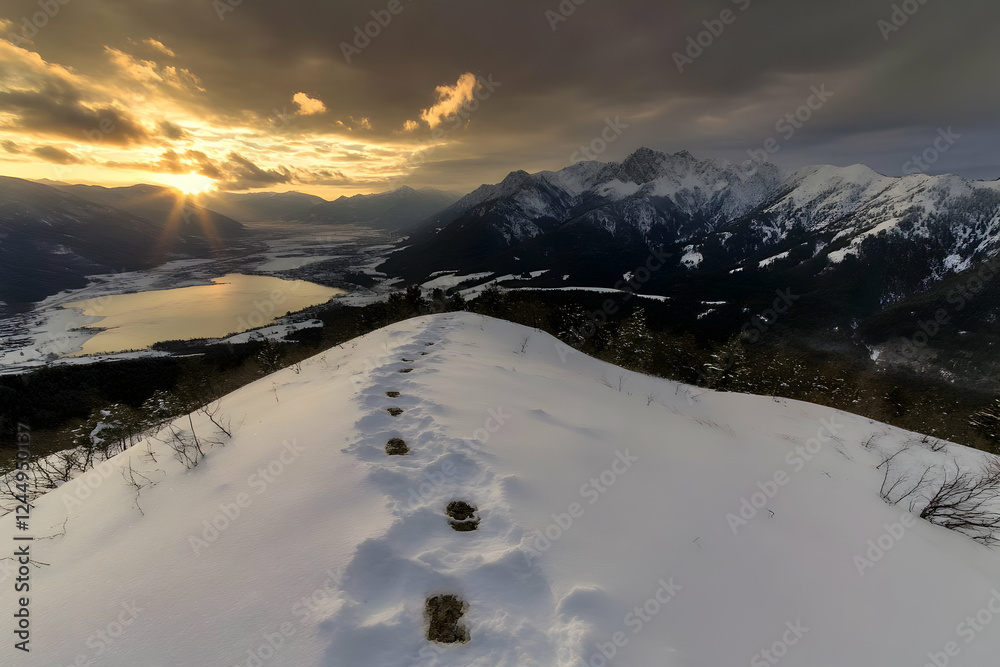 Obraz premium Footprints Lead Up a Snowy Mountain Ridge at Sunset Over a Valley