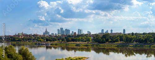 Obraz na płótnie Cityscape, panorama, banner - view of the district of Srodmiescie in the center Warsaw, view from the Vistula River, Poland w salonie