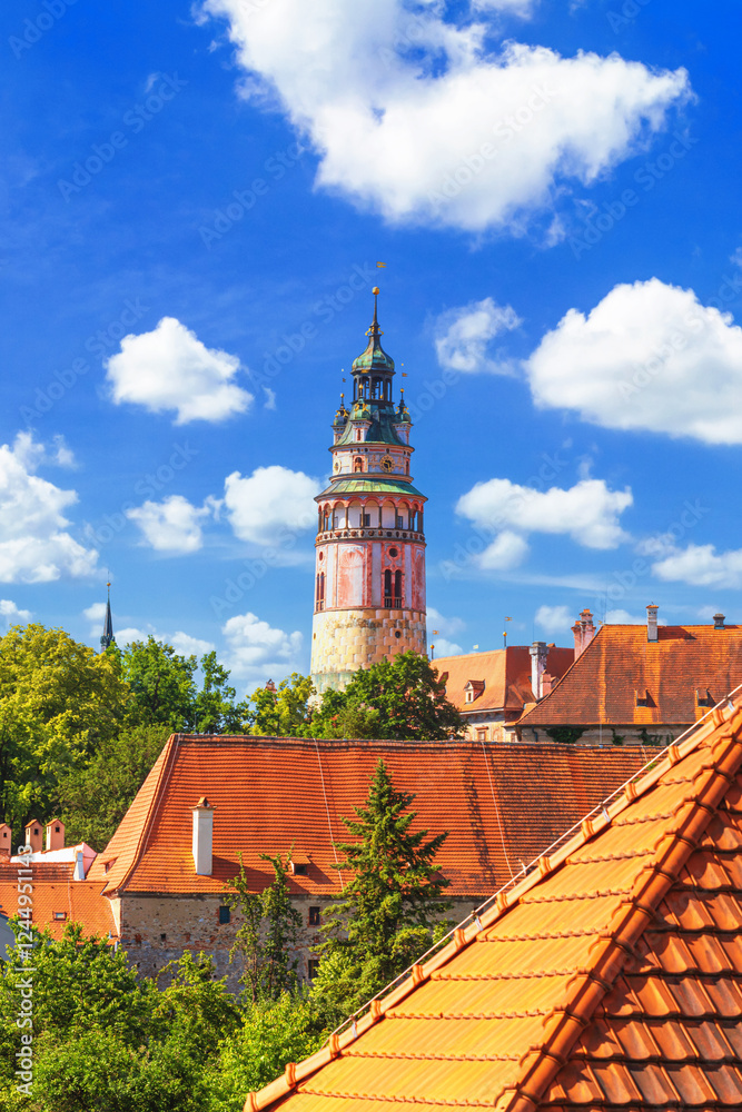 Summer cityscape - view of the Castle Tower on the territory of the Cesky Krumlov Castle, in the South Bohemian Region, Cesky Krumlov, Czech Republic