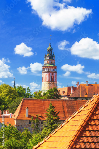 Summer cityscape - view of the Castle Tower on the territory of the Cesky Krumlov Castle, in the South Bohemian Region, Cesky Krumlov, Czech Republic