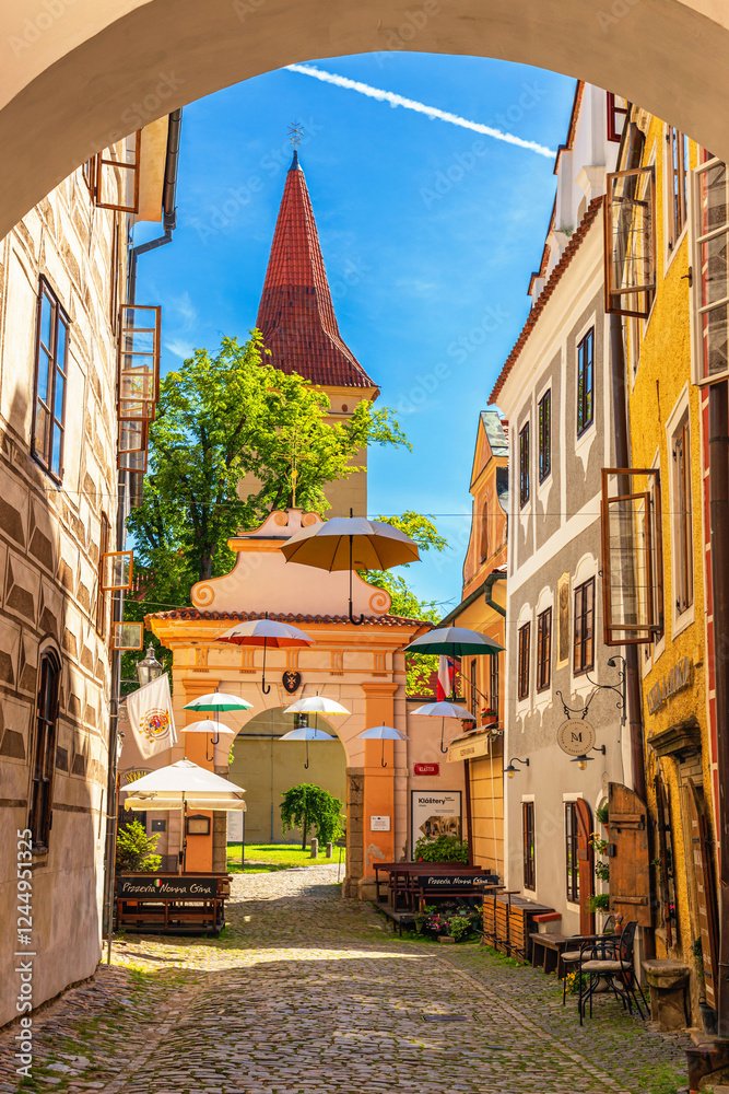 Summer cityscape - view of the entrance to the Minorite monastery in the historical center of Cesky Krumlov, Czech Republic