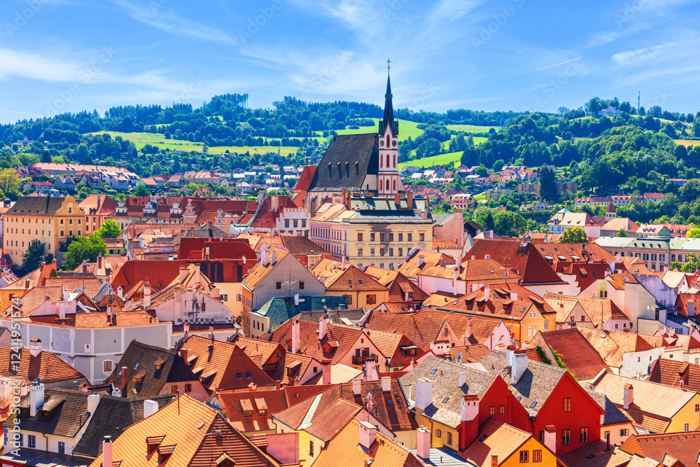 Summer cityscape - top view of the historic centre of Cesky Krumlov, Czech Republic