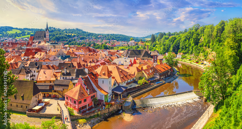 Summer cityscape, panorama, banner - top view of the Old Town of Cesky Krumlov and the Vltava river, Czech Republic