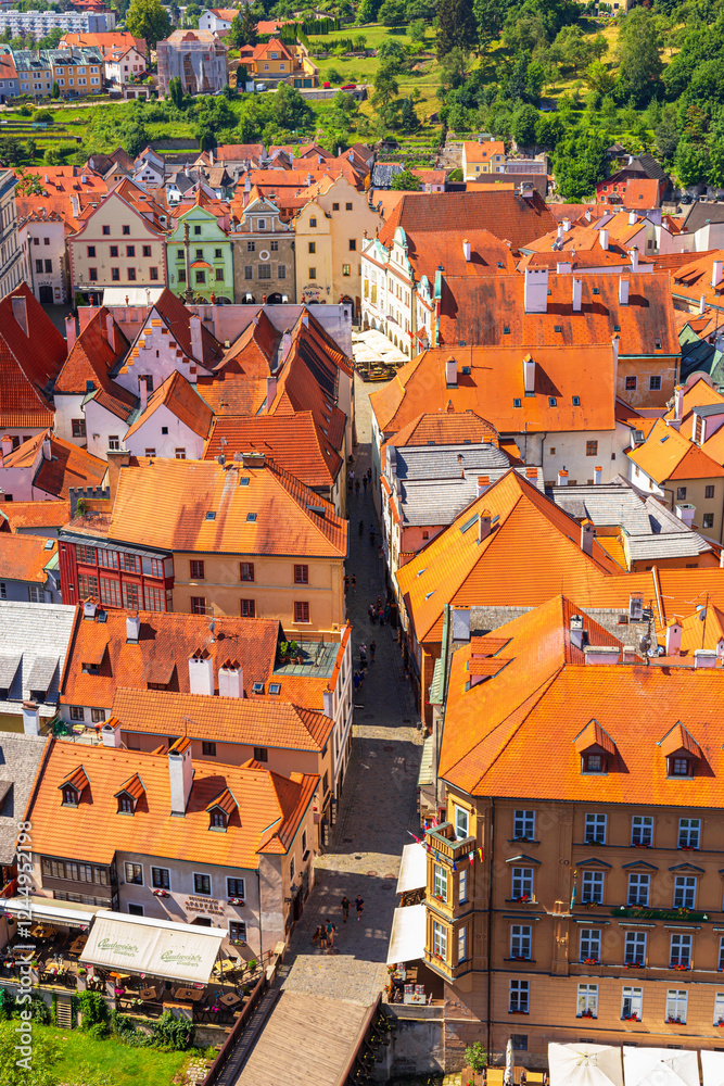 Summer cityscape - top view of the historical center of Cesky Krumlov with the Radnicni (Town Hall) street, Czech Republic
