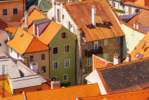 Summer cityscape - top view of the houses and streets in the historical center of Cesky Krumlov, Czech Republic