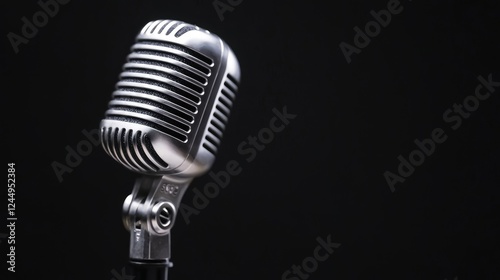 Retro microphone on stand, dark background, music performance, studio recording