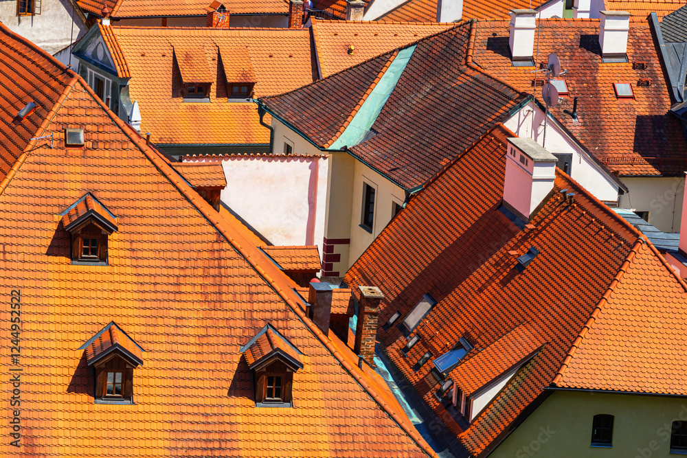 Summer cityscape - top view of the houses and streets in the historical center of Cesky Krumlov, Czech Republic