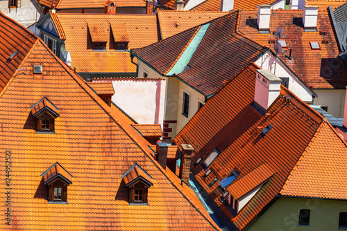 Obraz na płótnie Summer cityscape - top view of the houses and streets in the historical center of Cesky Krumlov, Czech Republic w salonie
