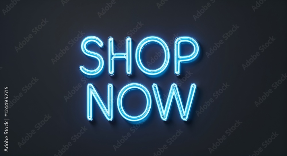 shop now word lettering with neon blue glow on plain black dark background shop now word lettering with neon blue glow on plain black dark background