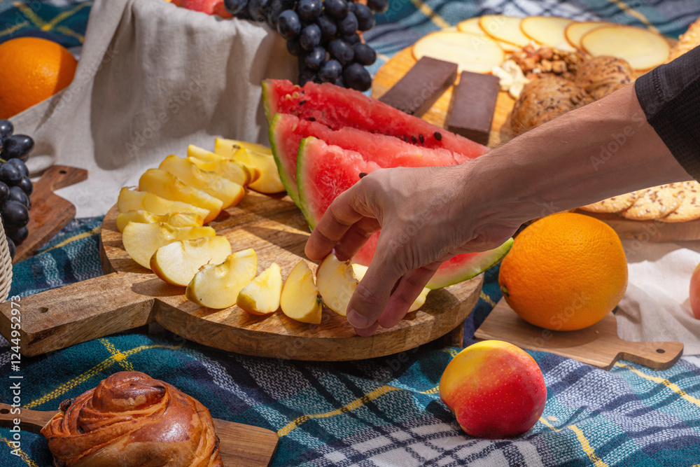 Close-up view of cut fruits against the background of laid out picnic food, selective focus. The concept of summer outdoor recreation on the weekend