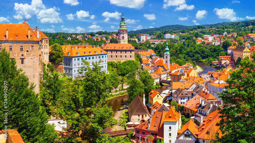 Summer cityscape - top view from the castle gardens of the historic centre of Cesky Krumlov, Czech Republic