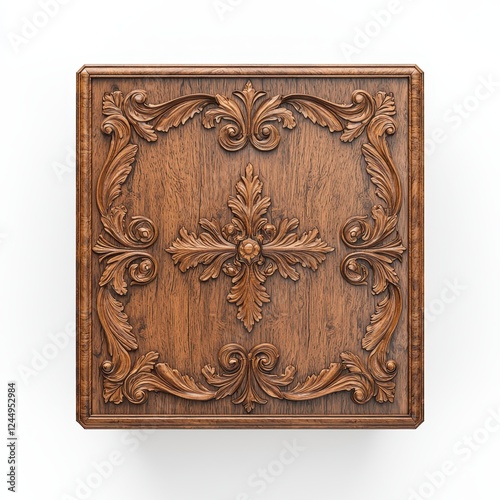 A beautifully carved wooden box featuring ornate floral designs, showcasing intricate detailing and a rich brown finish.
