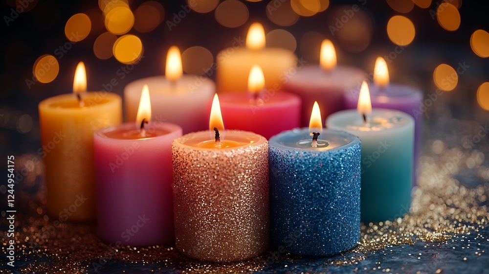 A table with an array of colorful candles burning softly, with a backdrop of gold birthday party decorations A table with an array of colorful candles burning softly, with a backdrop of gold birthday party decorations