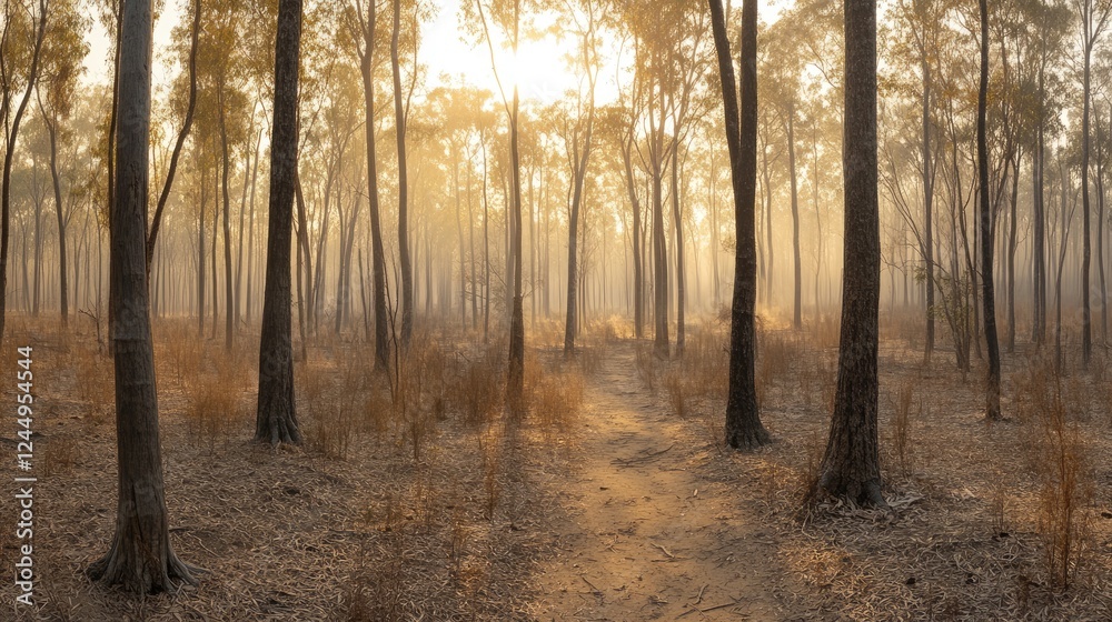 Fototapeta premium A forested area covered in a thin layer of smog, blurring the details of the trees.