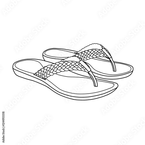 Technical sketch of women's flip flops sandals with braided straps and arch support line art, side and bottom view, flat sketch vector. Isolated on a white background