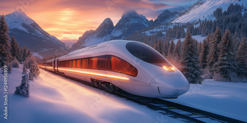 Spectacular sunrise train journey through snowy mountains winter wonderland scenic landscape tranquil viewpoint adventure awaits