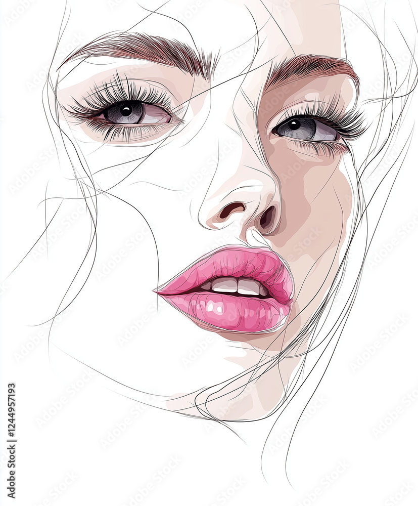Fototapeta premium Minimalist line drawing of a woman's face with pink lips, contemporary and artistic interpretation