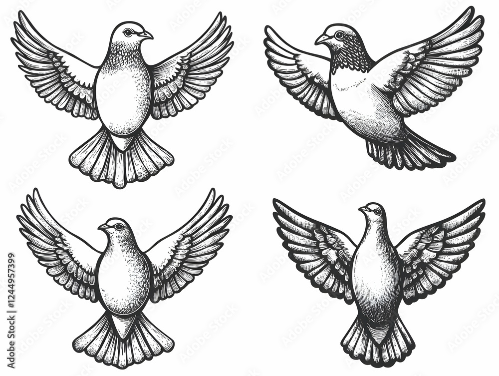 Obraz premium Four Doves with Spread Wings Soaring Gracefully Through the Air in a Detailed Illustration