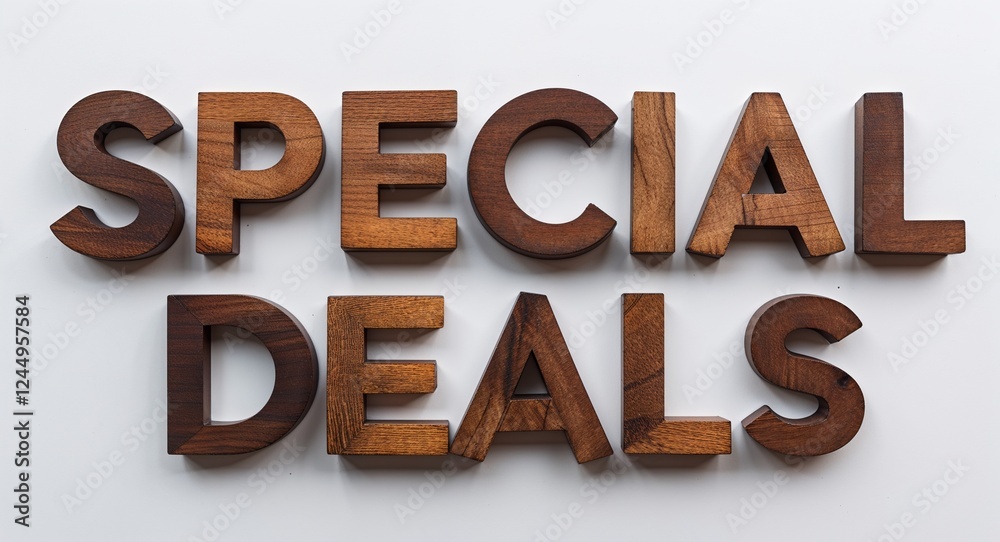 special deals word made of brown wood letters on plain white background special deals word made of brown wood letters on plain white background