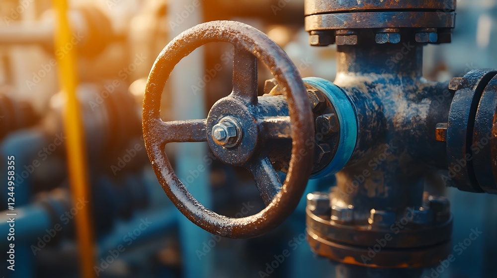 Rusty Industrial Valve Wheel Close-Up: A Detailed Look at an Aged Metal Control Mechanism in an Oil Refinery or Industrial Plant Setting Rusty Industrial Valve Wheel Close-Up: A Detailed Look at an Aged Metal Control Mechanism in an Oil Refinery or Industrial Plant Setting