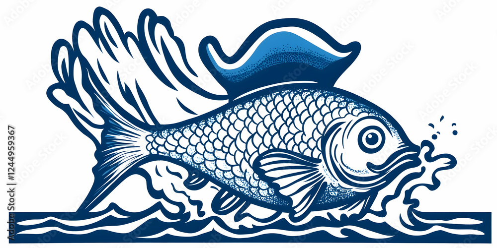 Naklejka premium Blue Fish Leaps from Water with Splashing Waves in Dynamic Illustration