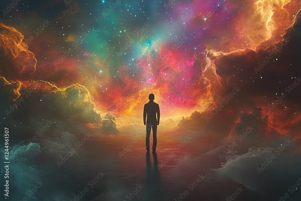 A Solitary Figure Contemplates A Vast Cosmic Nebula A Solitary Figure Contemplates A Vast Cosmic Nebula