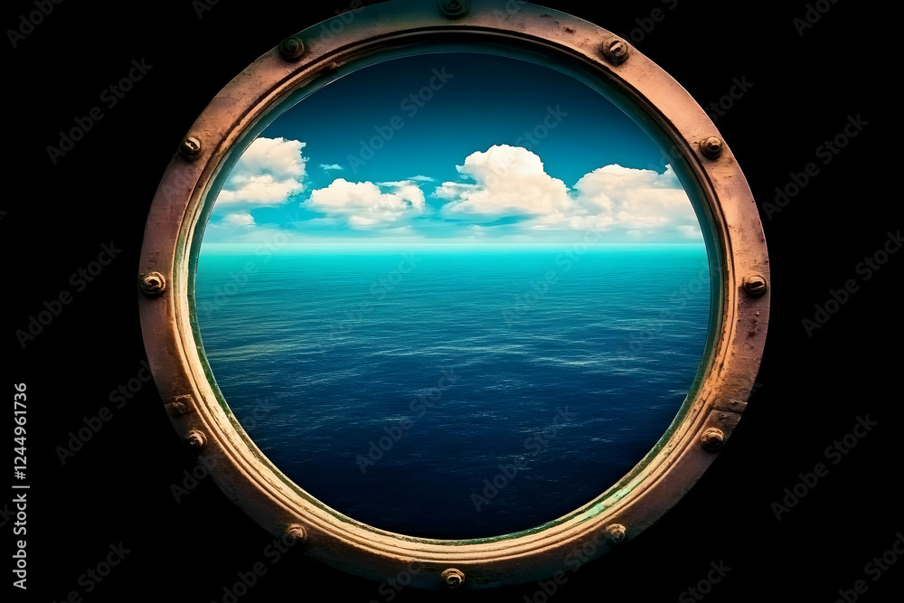 Porthole Reveals Tranquil Ocean Vista with Clouds Drifting Peacefully Across a Blue Sky Porthole Reveals Tranquil Ocean Vista with Clouds Drifting Peacefully Across a Blue Sky
