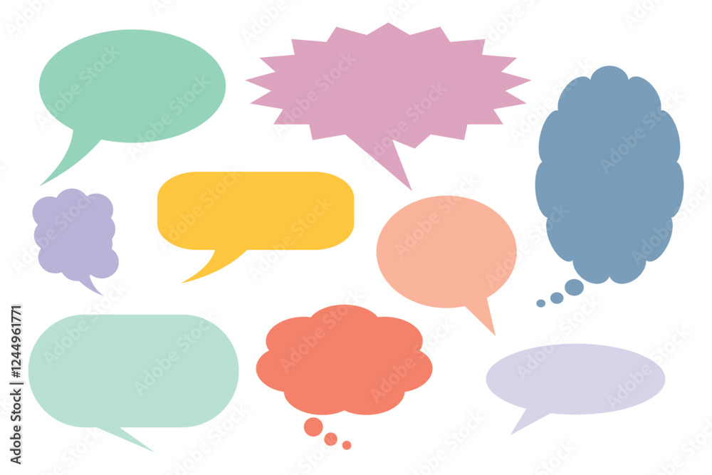 Hand drawn speech bubbles with pastel color. Blank empty Speak bubble, chatting, or message box set. Suitable for flat design illustration, clip art, stickers, etc Hand drawn speech bubbles with pastel color. Blank empty Speak bubble, chatting, or message box set. Suitable for flat design illustration, clip art, stickers, etc