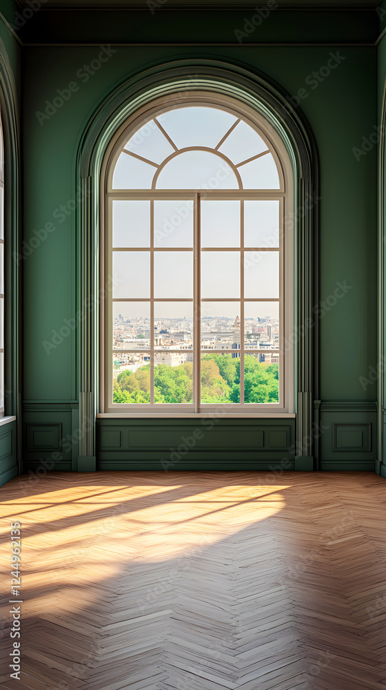 Elegant Room with Large Window Overlooking a Scenic Cityscape and Lush Greenery Elegant Room with Large Window Overlooking a Scenic Cityscape and Lush Greenery