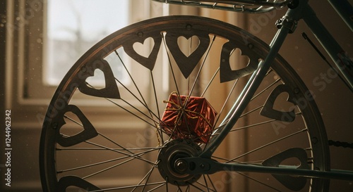 Bicycle wheel spokes lined with heart cutouts, a small gift box in the basket, bright daytime2