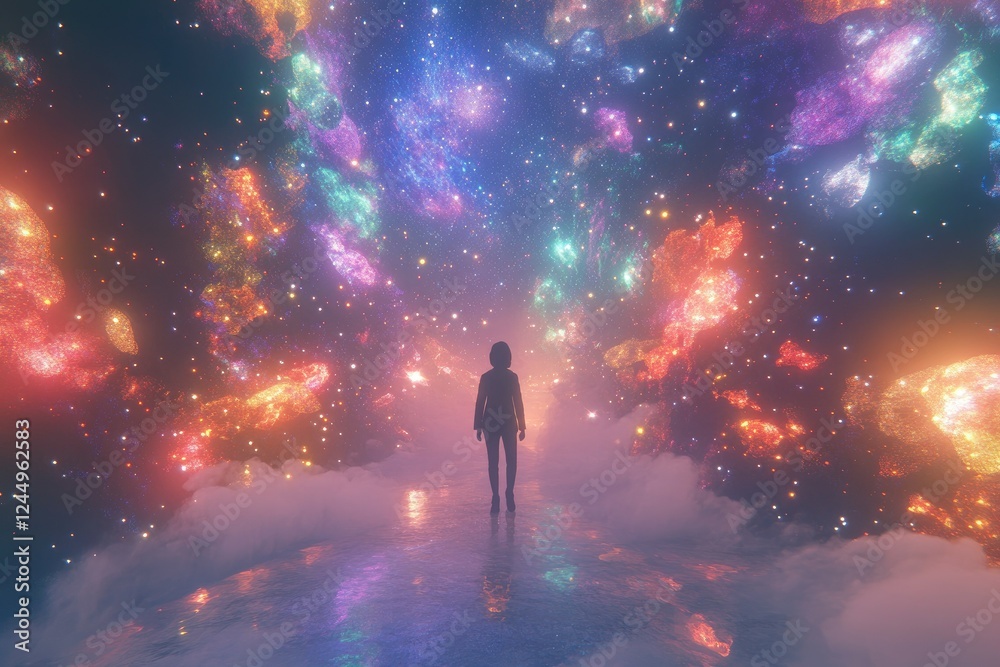 Woman Walks Towards a Colorful Cosmic Nebula Woman Walks Towards a Colorful Cosmic Nebula
