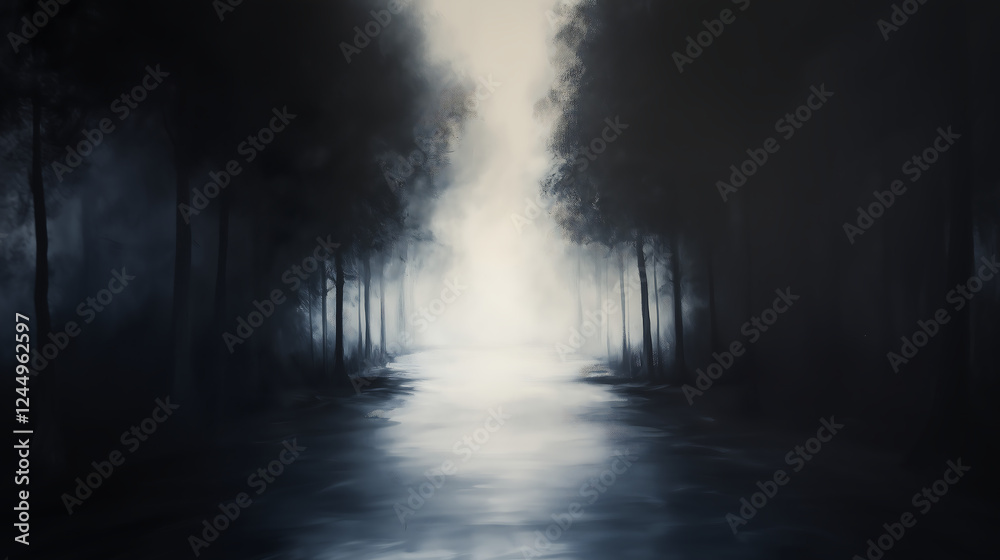 Fototapeta premium A serene and mysterious landscape featuring a dark forest with misty ambiance and a calm waterway, creating an ethereal atmosphere perfect for evoking a sense of tranquility.