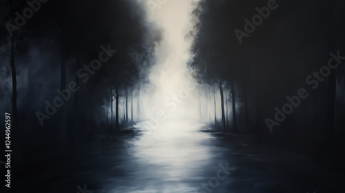 A serene and mysterious landscape featuring a dark forest with misty ambiance and a calm waterway, creating an ethereal atmosphere perfect for evoking a sense of tranquility. photo