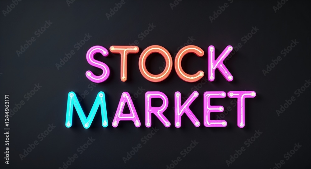 Fototapeta premium stock market word lettering colorful neon glowing text on plain black dark background
