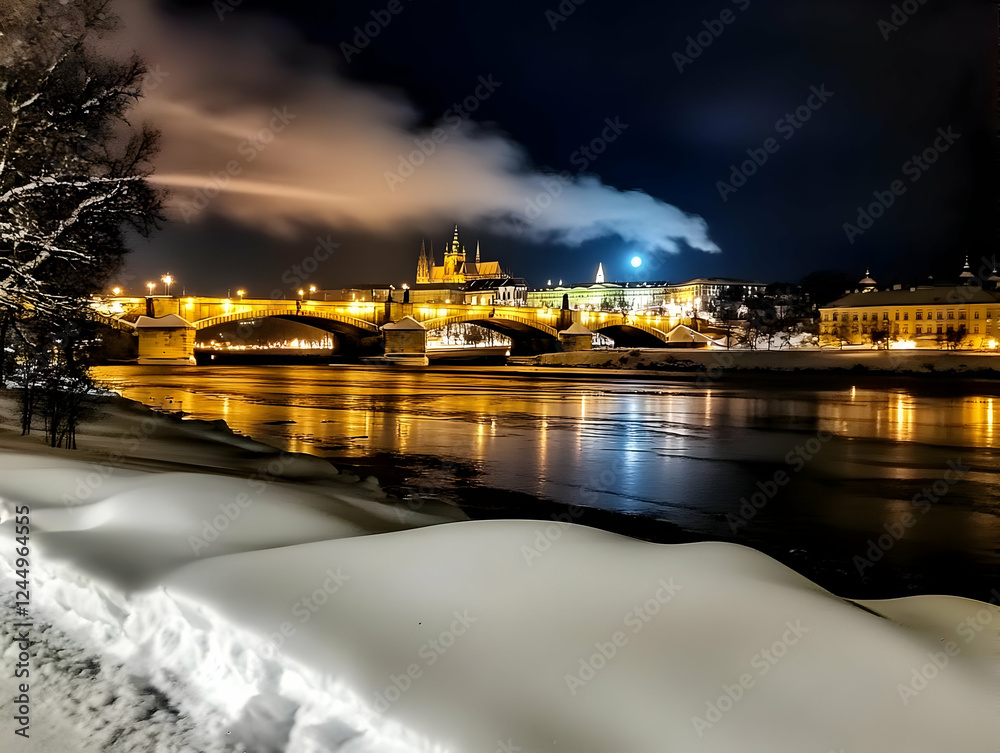 Naklejka premium Illuminated Bridge and Buildings Reflect in River with Snow and Moonlight
