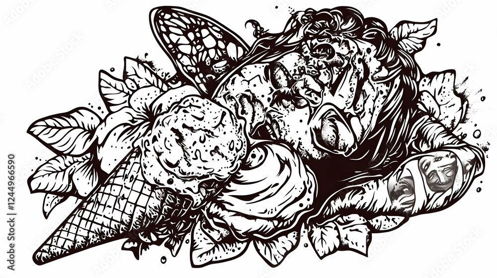 Intricate Illustration: Ice Cream Cone with Monstrous Figure and Floral Accents Beautifully Detailed Intricate Illustration: Ice Cream Cone with Monstrous Figure and Floral Accents Beautifully Detailed