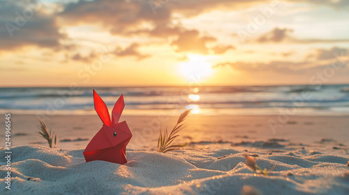 Orange paper origami rabbit on golden sunset-lit beach, serene nature-inspired scene photo