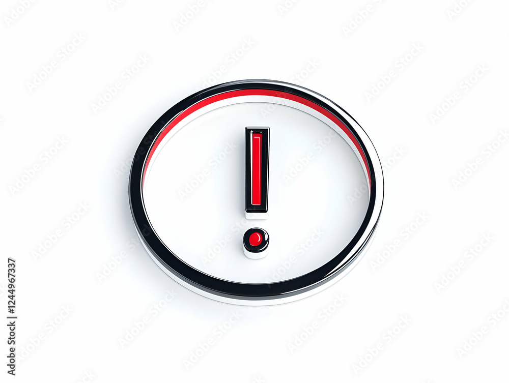 3D Red Exclamation Mark in a Black and White Circle on a White Background. 3D Red Exclamation Mark in a Black and White Circle on a White Background.