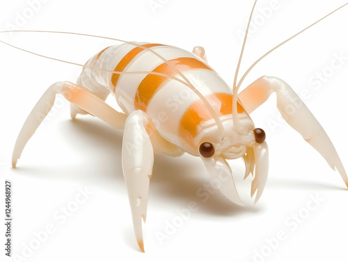 Striped Orange and White Crayfish Stands on a White Background with Long Antennae photo