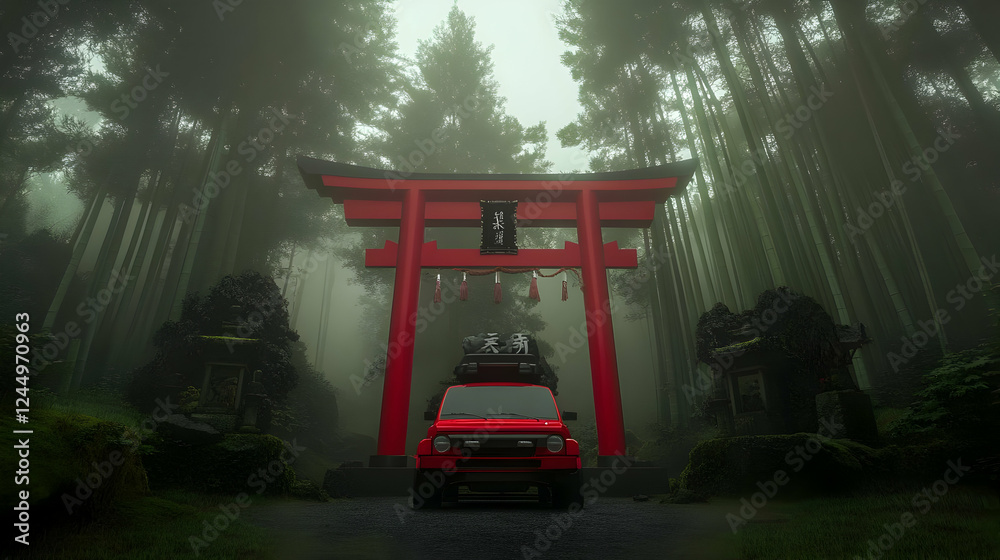 Red Car Parks Under a Torii Gate in a Misty Bamboo Forest Illustration Red Car Parks Under a Torii Gate in a Misty Bamboo Forest Illustration