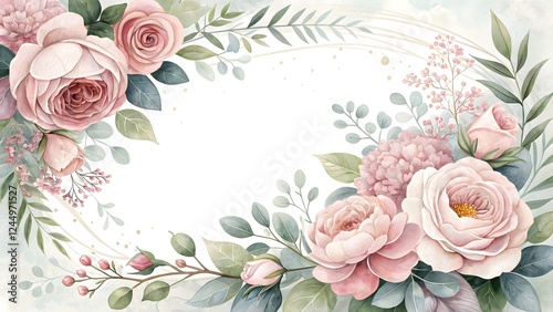 A delicate watercolor floral wedding invitation background, featuring soft pastel roses, peonies, and eucalyptus leaves arranged