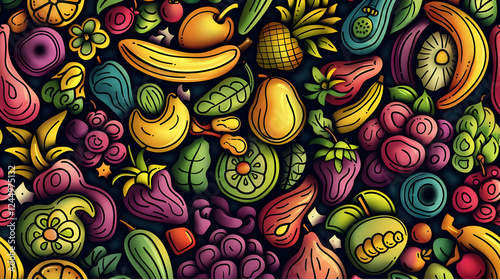 Wallpaper Mural Vibrant assortment of colorful fruits and vegetables arranged artistically on a dark background (8) Torontodigital.ca