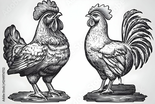 Two Roosters Stand Proudly,...