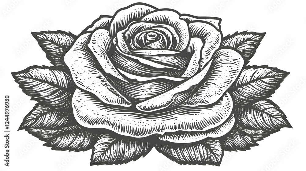 Detailed Engraving of a Rose with Leaves and Petals Showcasing Intricate Lines and Shading Detailed Engraving of a Rose with Leaves and Petals Showcasing Intricate Lines and Shading